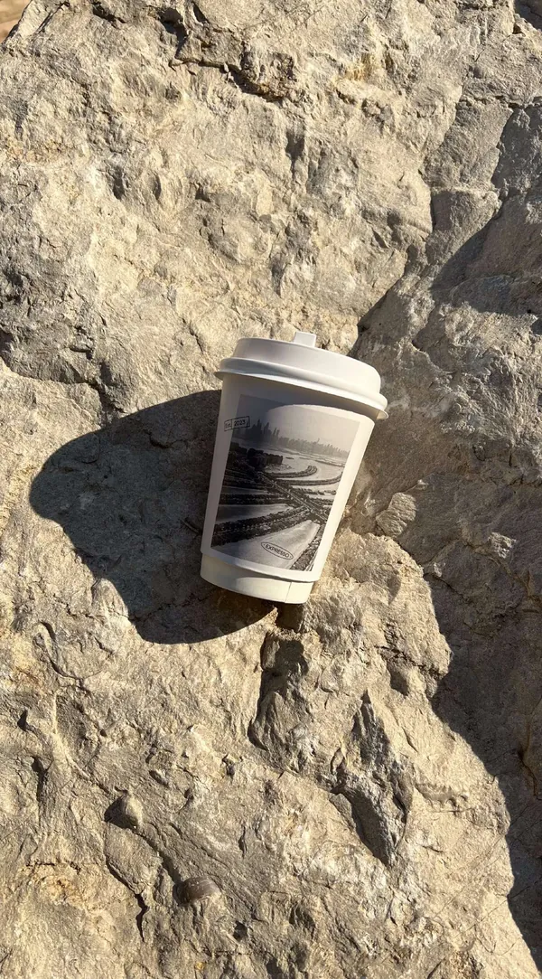 A paper cup with a palm postcard print on warm stone